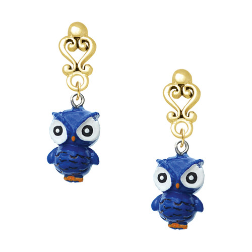 Resin Blue Snow Owl - Gold tone Filigree Heart Post Earrings