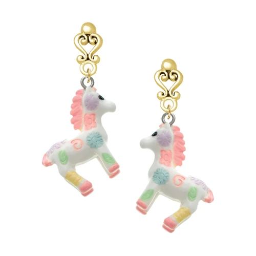 Resin Pastel Paint Pony - Gold tone Filigree Heart Post Earrings