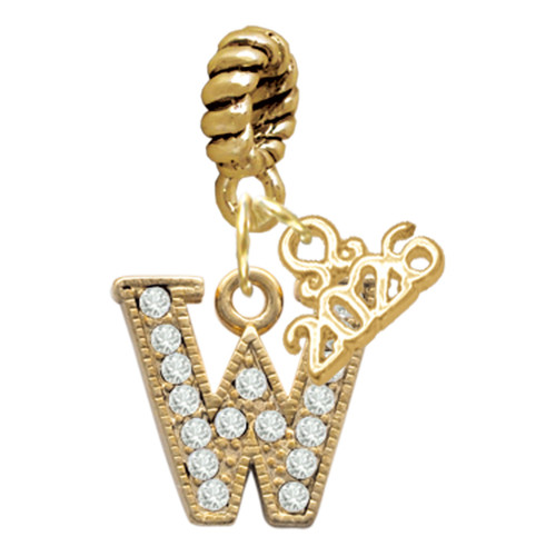 Gold-tone Crystal Initial - W - Gold-tone Plated Twist Rope Bead Charm Dangle with Mini Year 2026