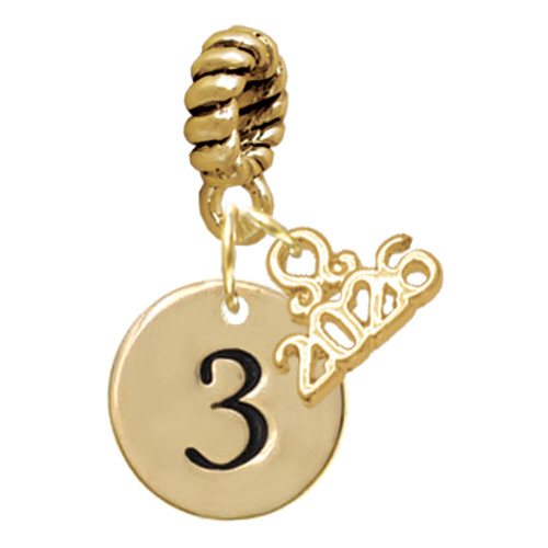 Gold-tone Disc 1/2'' Number - 3 - Gold-tone Plated Twist Rope Bead Charm Dangle with Mini Year 2026
