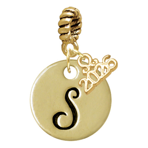 Gold-tone Large Disc Letter - S - Gold-tone Plated Twist Rope Bead Charm Dangle with Mini Year 2026