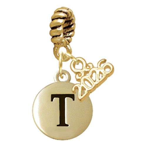 Gold-tone Capital Letter - T - Pebble Disc - Gold-tone Plated Twist Rope Bead Charm Dangle with Mini Year 2026