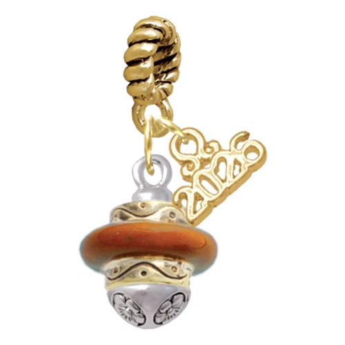 Gold-tone Translucent Brown Center Spinner - Gold-tone Plated Twist Rope Bead Charm Dangle with Mini Year 2026