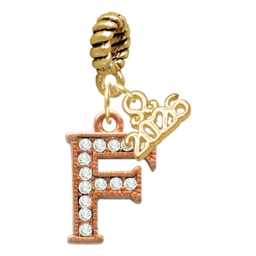 Rose Gold-tone Crystal Initial - F - Gold-tone Plated Twist Rope Bead Charm Dangle with Mini Year 2026