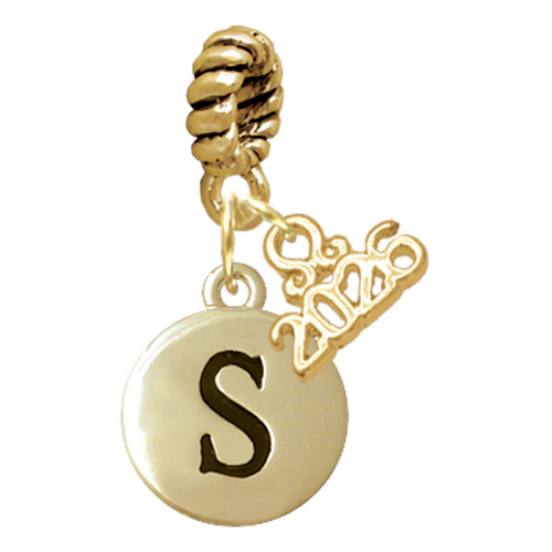 Gold-tone Capital Letter - S - Pebble Disc - Gold-tone Plated Twist Rope Bead Charm Dangle with Mini Year 2026