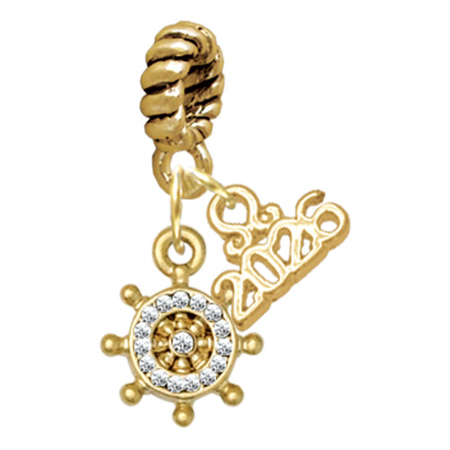 Gold-tone Mini Crystal Ship Wheel - Navigation - Gold-tone Plated Twist Rope Bead Charm Dangle with Mini Year 2026
