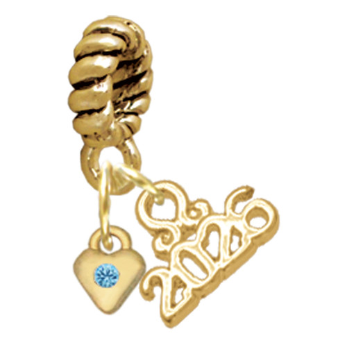 Gold-tone Mini Hot Blue Crystal Heart - Gold-tone Plated Twist Rope Bead Charm Dangle with Mini Year 2026