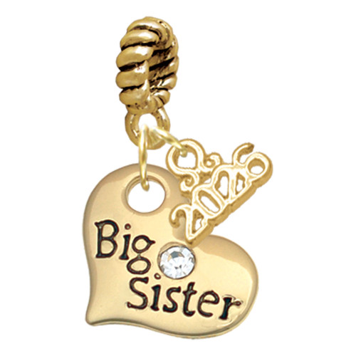 Gold-tone Large Big Sister Heart with Clear Crystal - Gold-tone Plated Twist Rope Bead Charm Dangle with Mini Year 2026