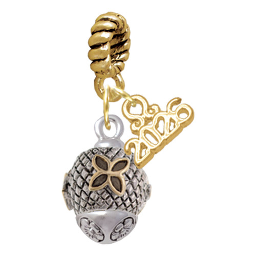 Gold-tone Flower on Silver Plated Hatched Background Spinner - Gold-tone Plated Twist Rope Bead Charm Dangle with Mini Year 2026