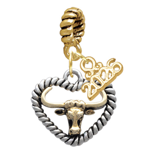 Gold-tone Longhorn in Rope Heart - Gold-tone Plated Twist Rope Bead Charm Dangle with Mini Year 2026