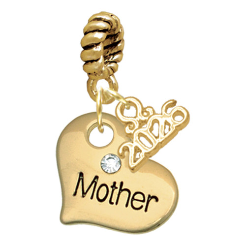 Gold-tone Large Mother Heart with Crystal - Gold-tone Plated Twist Rope Bead Charm Dangle with Mini Year 2026