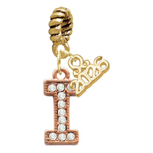 Rose Gold-tone Crystal Initial - I - Gold-tone Plated Twist Rope Bead Charm Dangle with Mini Year 2026