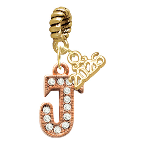 Rose Gold-tone Crystal Initial - J - Gold-tone Plated Twist Rope Bead Charm Dangle with Mini Year 2026