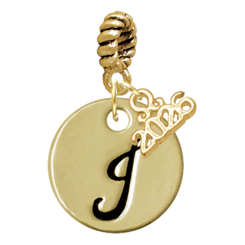 Gold-tone Large Disc Letter - J - Gold-tone Plated Twist Rope Bead Charm Dangle with Mini Year 2026