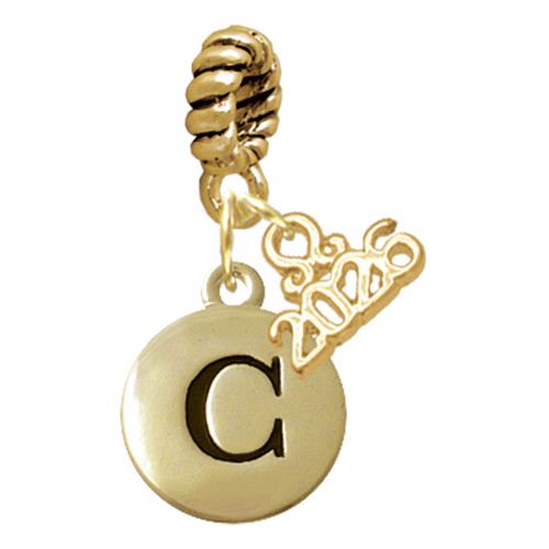 Gold-tone Capital Letter - C - Pebble Disc - Gold-tone Plated Twist Rope Bead Charm Dangle with Mini Year 2026