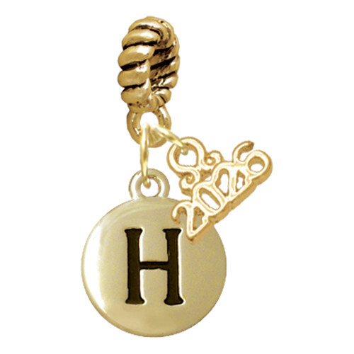 Gold-tone Capital Letter - H - Pebble Disc - Gold-tone Plated Twist Rope Bead Charm Dangle with Mini Year 2026