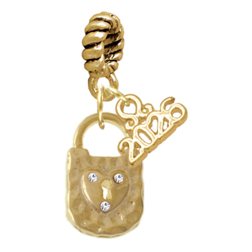 Gold-tone Hammered Lock with Heart Crystals - Gold-tone Plated Twist Rope Bead Charm Dangle with Mini Year 2026