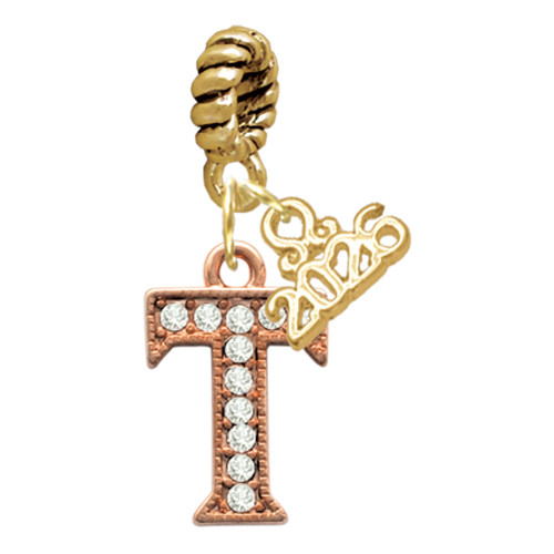Rose Gold-tone Crystal Initial - T - Gold-tone Plated Twist Rope Bead Charm Dangle with Mini Year 2026
