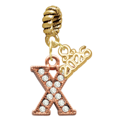 Rose Gold-tone Crystal Initial - X - Gold-tone Plated Twist Rope Bead Charm Dangle with Mini Year 2026