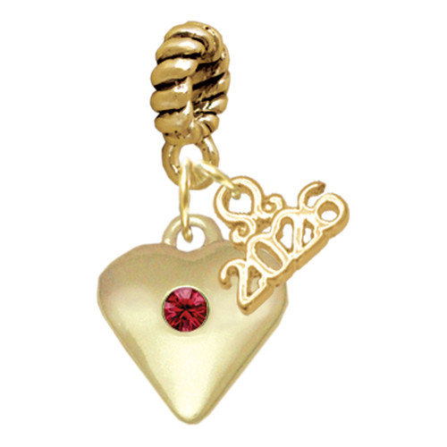 Gold-tone Large Maroon Crystal Heart - Gold-tone Plated Twist Rope Bead Charm Dangle with Mini Year 2026