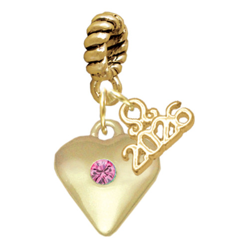 Gold-tone Large Hot Pink Crystal Heart - Gold-tone Plated Twist Rope Bead Charm Dangle with Mini Year 2026