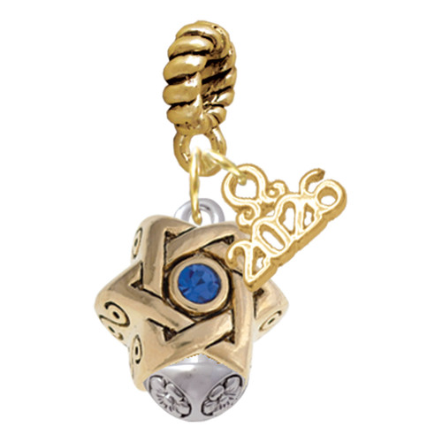 Gold-tone Star of David with Blue Crystal Spinner - Gold-tone Plated Twist Rope Bead Charm Dangle with Mini Year 2026