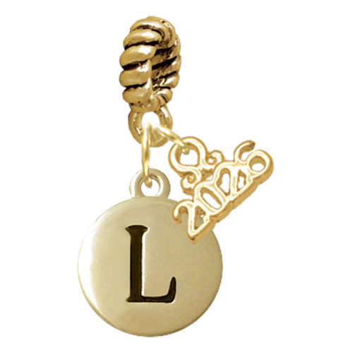 Gold-tone Capital Letter - L - Pebble Disc - Gold-tone Plated Twist Rope Bead Charm Dangle with Mini Year 2026