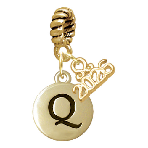 Gold-tone Capital Letter - Q - Pebble Disc - Gold-tone Plated Twist Rope Bead Charm Dangle with Mini Year 2026