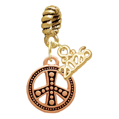 Rose Gold-tone Beaded Peace Sign - Gold-tone Plated Twist Rope Bead Charm Dangle with Mini Year 2026