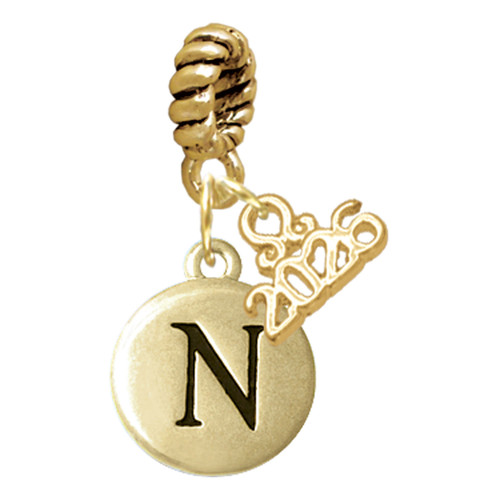 Gold-tone Capital Letter - N - Pebble Disc - Gold-tone Plated Twist Rope Bead Charm Dangle with Mini Year 2026