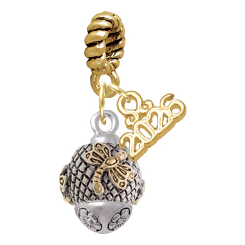 Gold-tone Dragonfly on Silver Plated Hatched Background Spinner - Gold-tone Plated Twist Rope Bead Charm Dangle with Mini Year 2026
