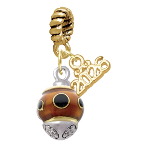 Gold-tone Wide Black Dots on Translucent Brown Spinner - Gold-tone Plated Twist Rope Bead Charm Dangle with Mini Year 2026