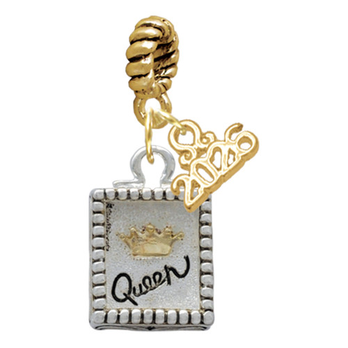 Two-tone Shadow Box ''Queen'' with Gold-tone Crown - Gold-tone Plated Twist Rope Bead Charm Dangle with Mini Year 2026