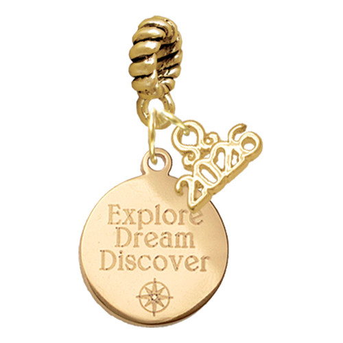 Gold-tone Engraved Explore Dream Discover Disc - Gold-tone Plated Twist Rope Bead Charm Dangle with Mini Year 2026