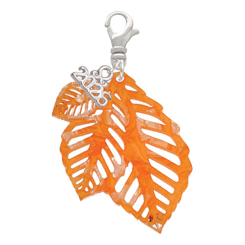 Acrylic Medium Triple Leaf Shimmer Orange - Silver Plated Clip on Charm with Mini Year 2026: Year to Remember Jewelry Gift - Celebrations