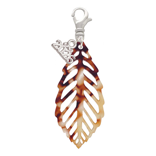 Acrylic Large Leaf Mixed Brown and Yellow - Silver Plated Clip on Charm with Mini Year 2026: Year to Remember Jewelry Gift - Celebrations