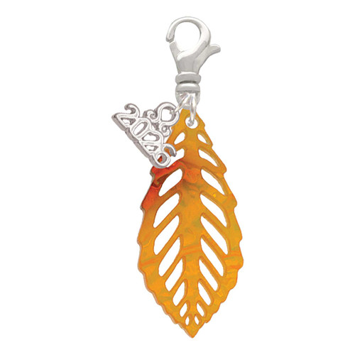 Acrylic Medium Leaf Orange Mixed Brown and Yellow - Silver Plated Clip on Charm with Mini Year 2026: Year to Remember Jewelry Gift - Celebrations