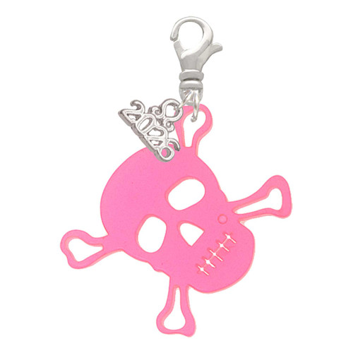 Acrylic Large Pink Skull - Silver Plated Clip on Charm with Mini Year 2026: Year to Remember Jewelry Gift - Celebrations