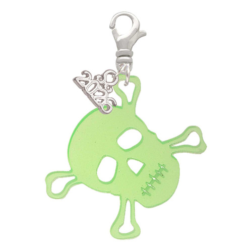 Acrylic Large Lime Green Skull - Silver Plated Clip on Charm with Mini Year 2026: Year to Remember Jewelry Gift - Celebrations