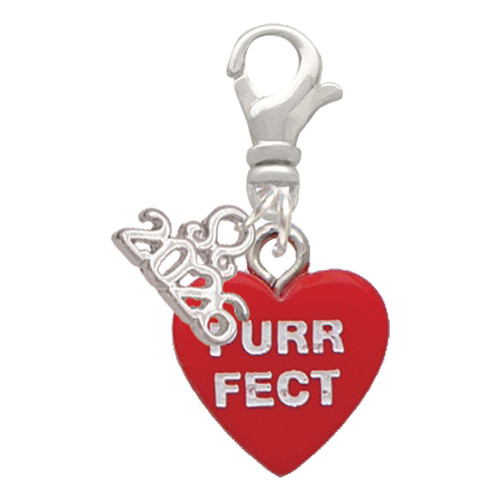 Acrylic Red "Cool Cat / Purr Fect" Heart - Silver Plated Clip on Charm with Mini Year 2026: Year to Remember Jewelry Gift - Celebrations