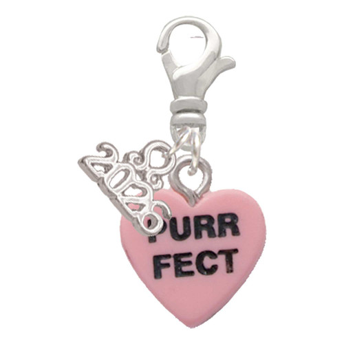 Acrylic Pink "Cool Cat / Purr Fect" Heart - Silver Plated Clip on Charm with Mini Year 2026: Year to Remember Jewelry Gift - Celebrations