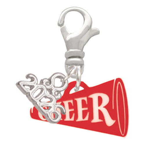 Acrylic Red Cheer Megaphone - Silver Plated Clip on Charm with Mini Year 2026: Year to Remember Jewelry Gift - Celebrations