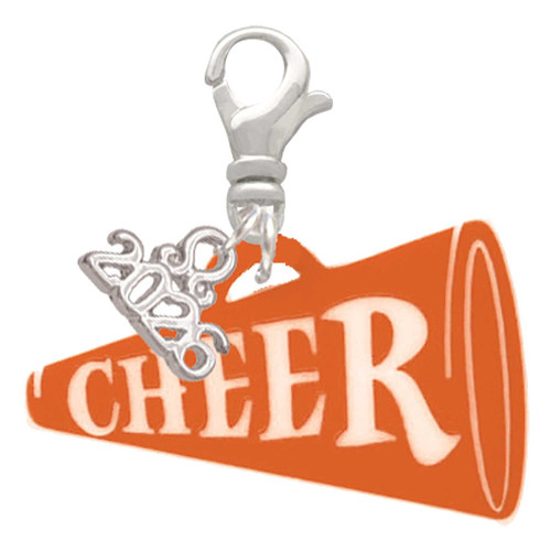 Acrylic Large Orange Cheer Megaphone - Silver Plated Clip on Charm with Mini Year 2026: Year to Remember Jewelry Gift - Celebrations