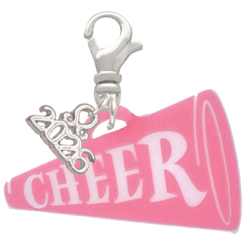 Acrylic Large Pink Cheer Megaphone - Silver Plated Clip on Charm with Mini Year 2026: Year to Remember Jewelry Gift - Celebrations