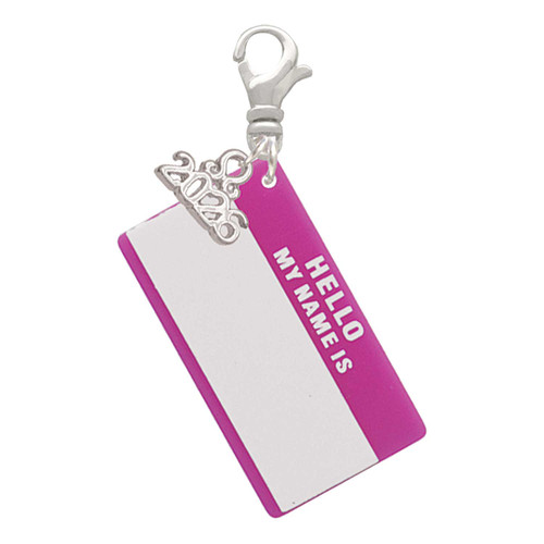 Acrylic Pink "Hello" Name Tag - Silver Plated Clip on Charm with Mini Year 2026: Year to Remember Jewelry Gift - Celebrations
