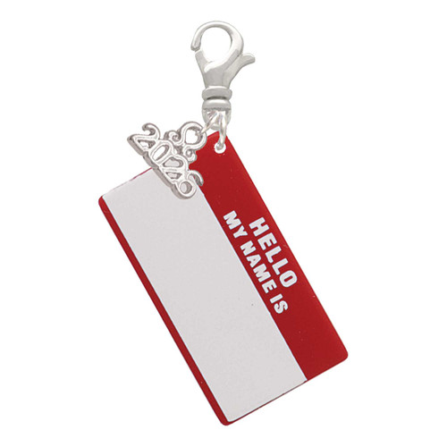 Acrylic Red "Hello" Name Tag - Silver Plated Clip on Charm with Mini Year 2026: Year to Remember Jewelry Gift - Celebrations