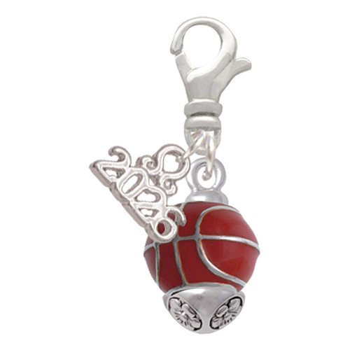 Silver Plated 3-D Enamel Basketball Spinner - Silver Plated Clip on Charm with Mini Year 2026: Year to Remember Jewelry Gift - Celebrations