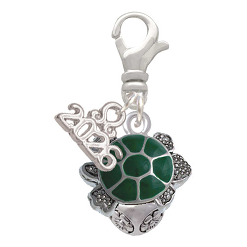 Silver Plated Green Enamel 2-D Turtle Spinner - Silver Plated Clip on Charm with Mini Year 2026: Year to Remember Jewelry Gift - Celebrations