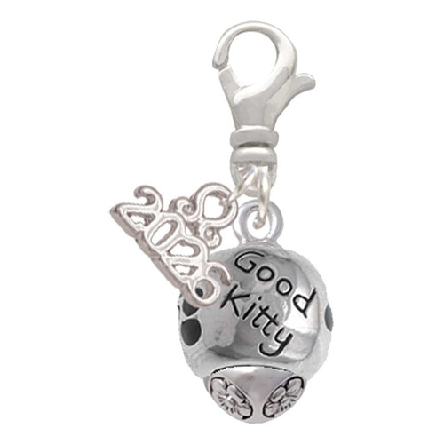 Silver Plated Good Kitty with Black Paw Spinners - Silver Plated Clip on Charm with Mini Year 2026: Year to Remember Jewelry Gift - Celebrations