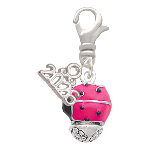 Hot Pink Ladybug Spinner - Silver Plated Clip on Charm with Mini Year 2026: Year to Remember Jewelry Gift - Celebrations